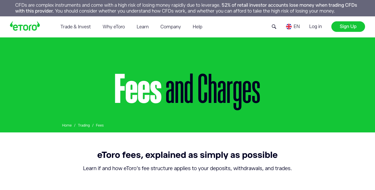 eToro Fees and Charges oficialus mokesčių puslapis