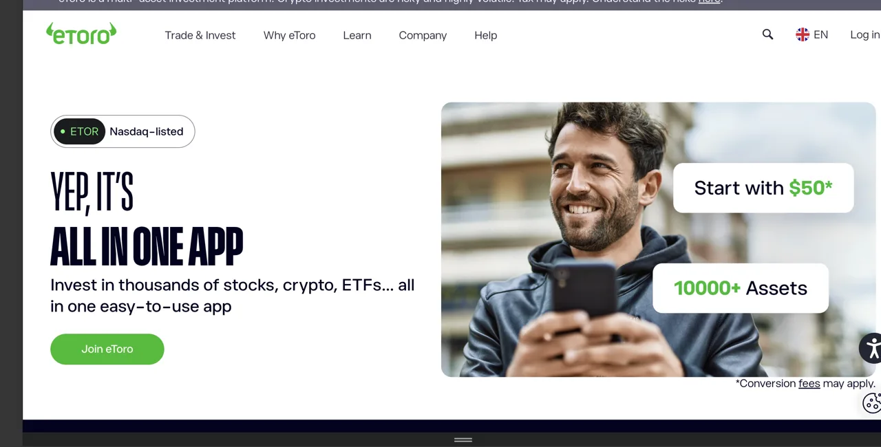 eToro pagrindinis puslapis su multi-asset rizikos įspėjimu viršuje