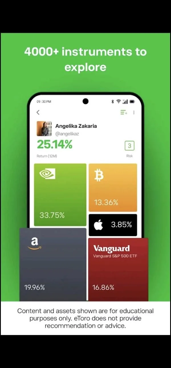 eToro mobiliosios programėlės CopyTrader pavyzdys
