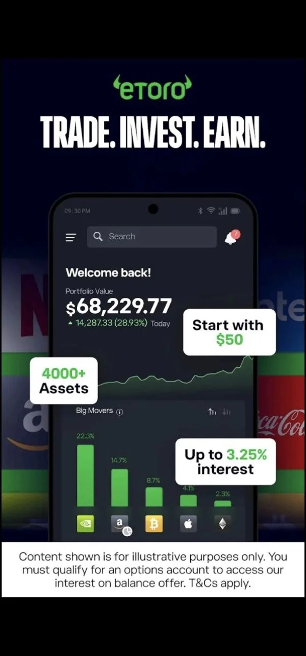 eToro Trade Invest Earn mobiliosios programėlės apžvalga