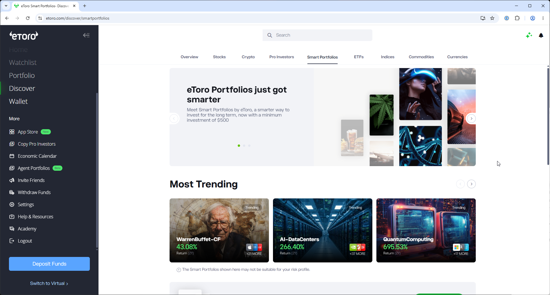 eToro Smart Portfolios puslapis su teminiais portfeliais