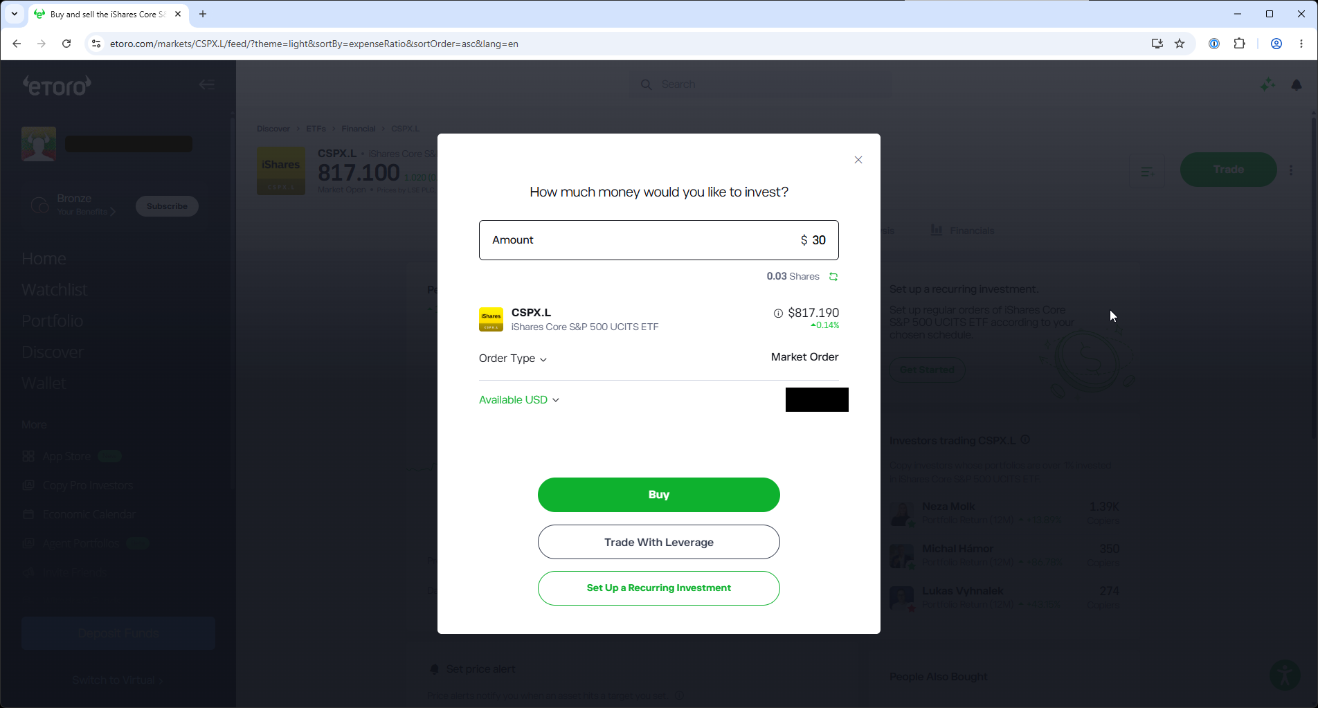 eToro pirkimo forma - CSPX.L iShares Core S&P 500 UCITS ETF