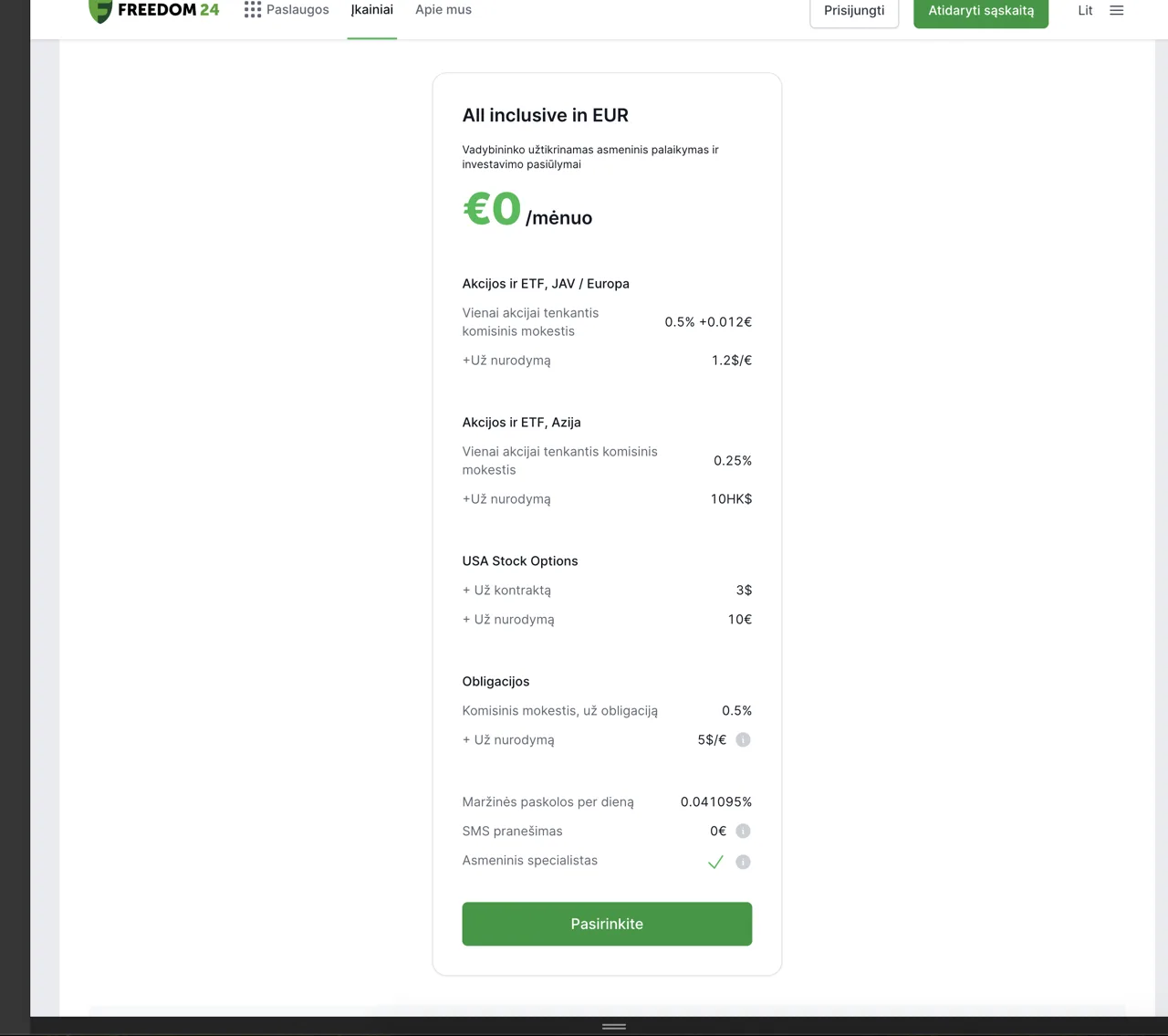 Freedom24 LT All Inclusive in EUR tarifu puslapis