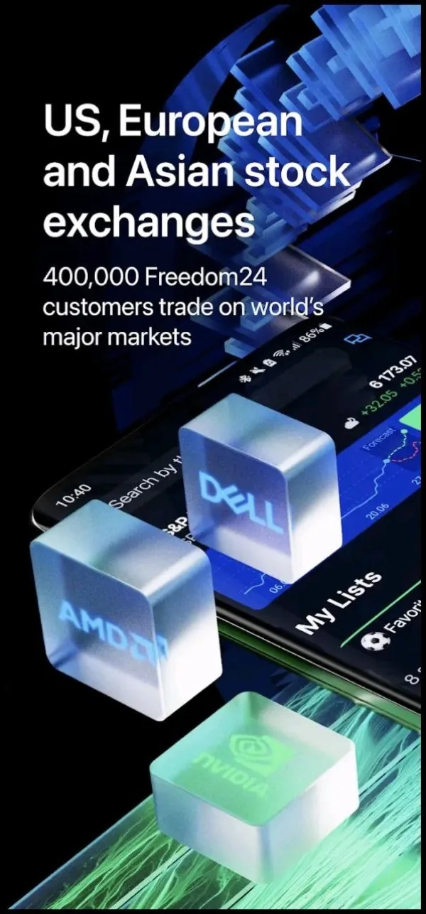 Freedom24 mobiliosios programėlės 3D vaizdas su JAV, Europos ir Azijos akcijų ikonomis