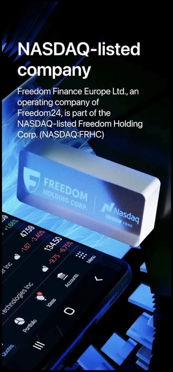 Freedom24 NASDAQ-listed motininė kompanija mobiliosios programėlės ekrane