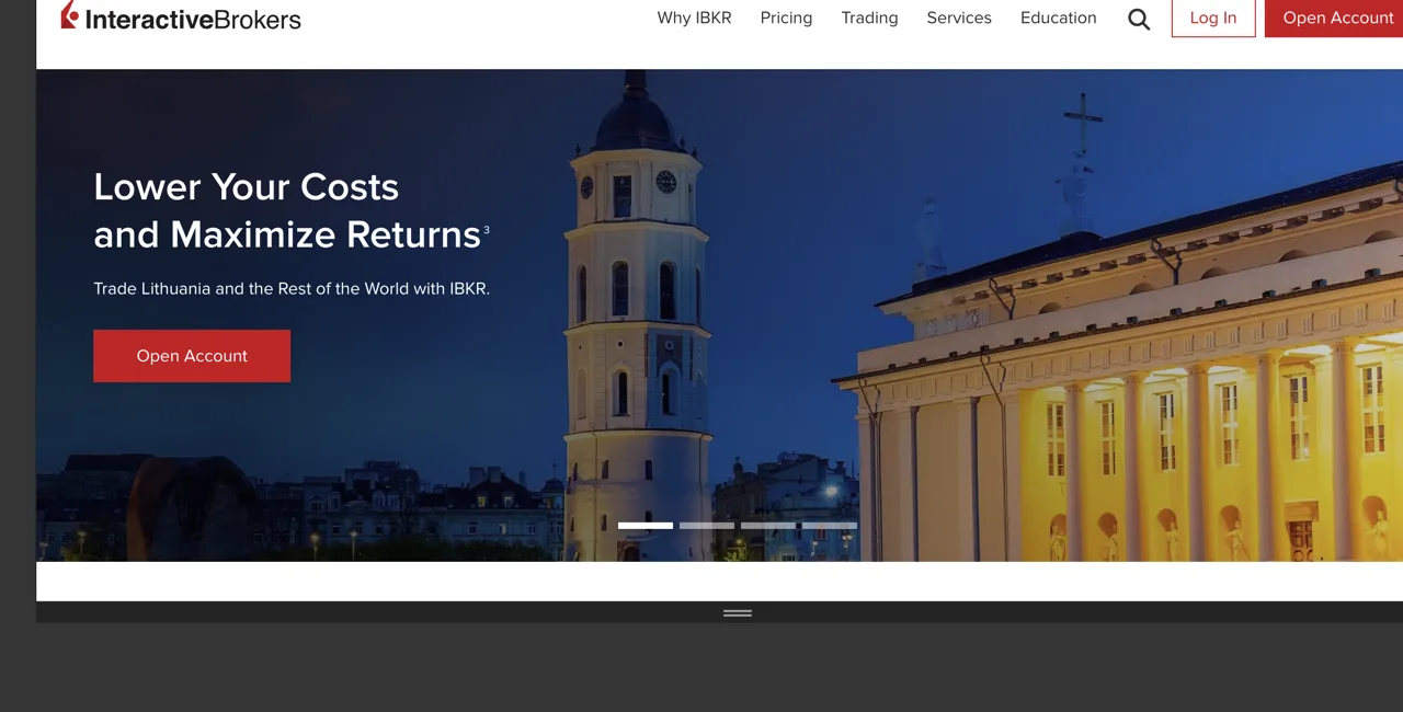 Interactive Brokers Ireland (IBIE) pagrindinis puslapis su geografiškai nukreipta antrašte LT vartotojui ir Vilniaus arkikatedra