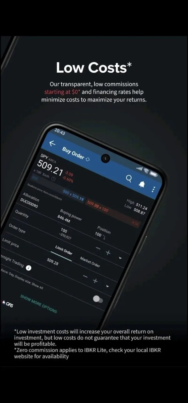 IBKR mobiliosios programėlės Buy Order ekranas SPY ETF su pavedimo (limit / market) laukais