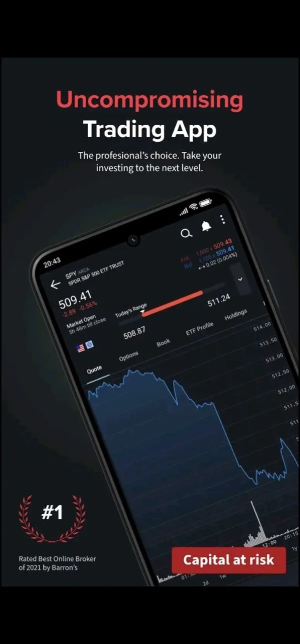 IBKR mobiliosios programėlės SPY ETF kortele su Today Range ir 2021 m. Barron's Best Online Broker ženklu