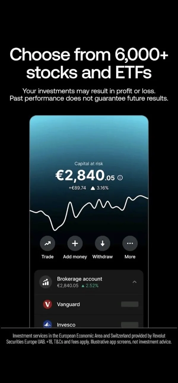 Revolut mobiliosios programėlės brokerio sąskaitos ekranas su Vanguard ir Invesco ETF
