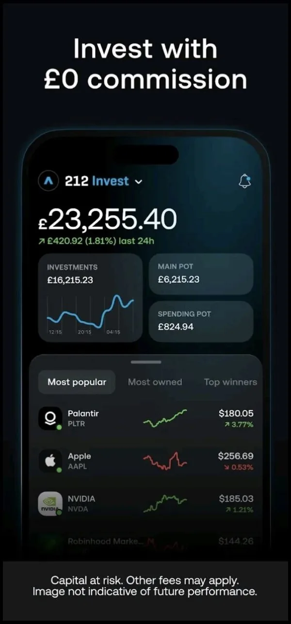 Trading 212 mobiliosios programėlės 212 Invest portfelis su 0 GBP komisinio antrašte
