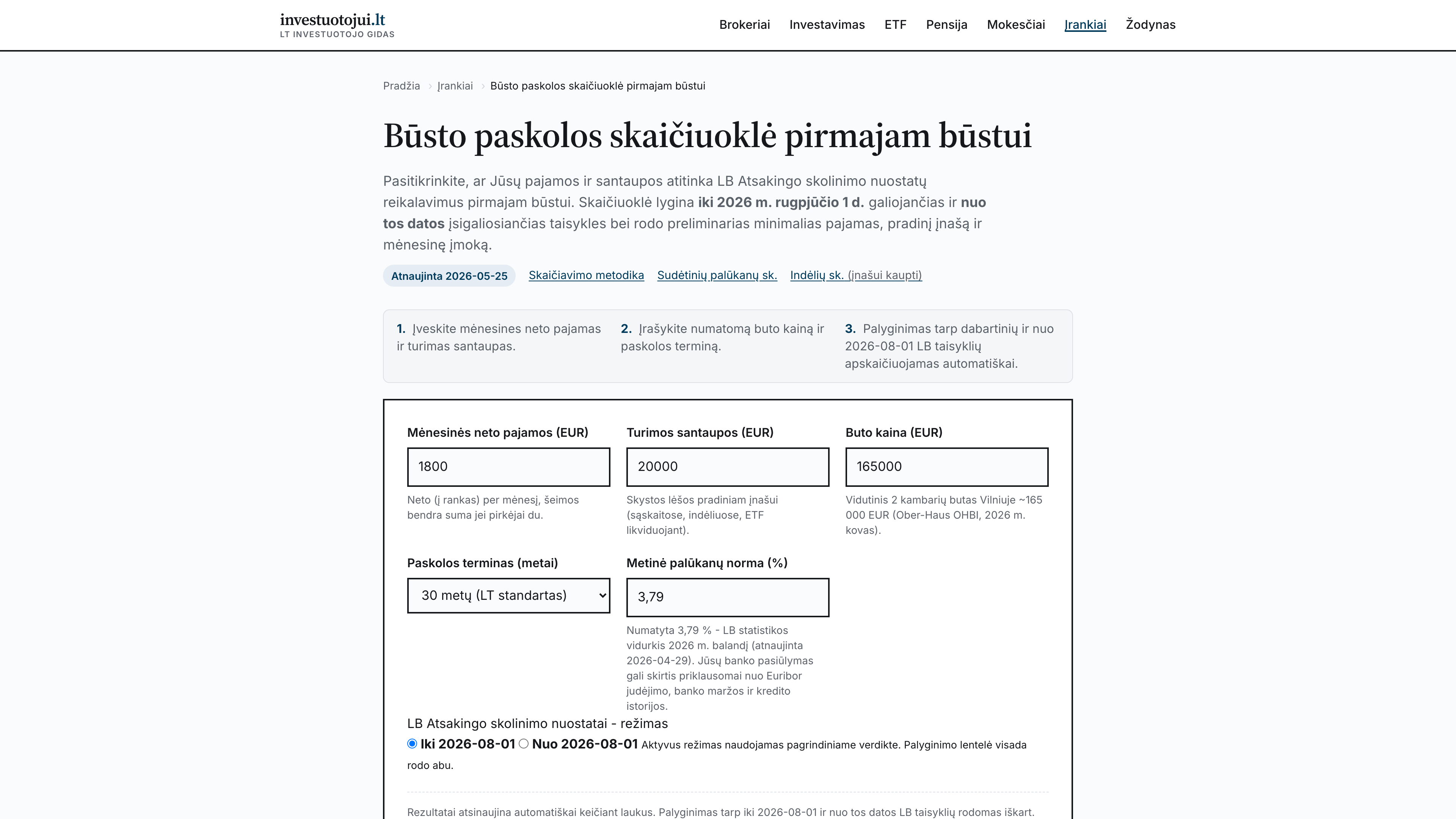 Būsto paskolos skaičiuoklės ekrano nuotrauka – pajamų ir įnašo įvedimas, dviejų režimų palyginimas